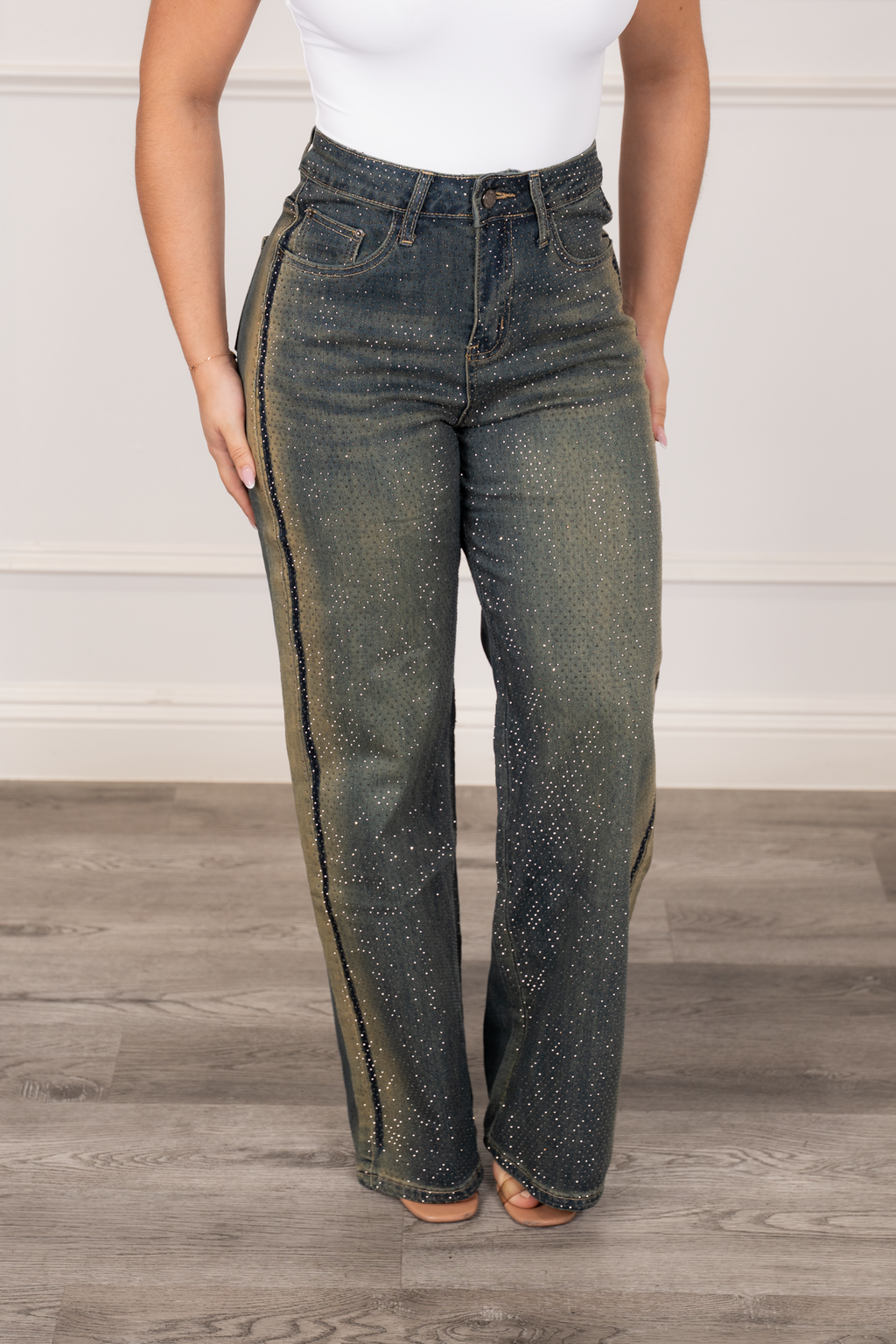 Valeria - Silver Rhinestone Denim Pants