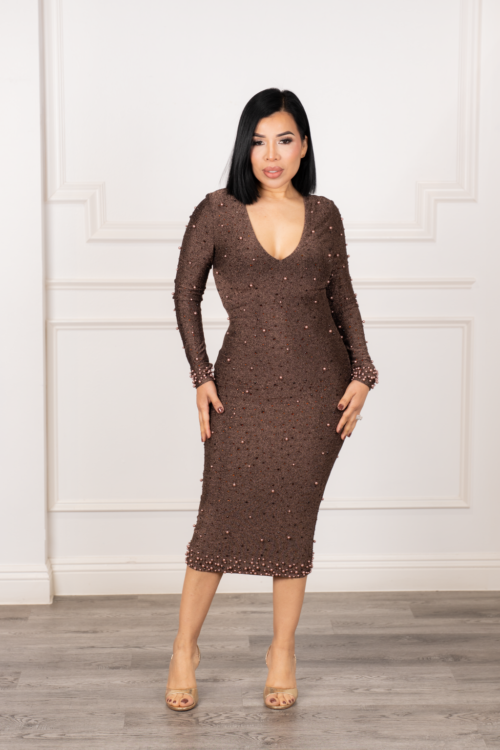 Nerea - Dark Brown Metallic Pearl Midi Dress