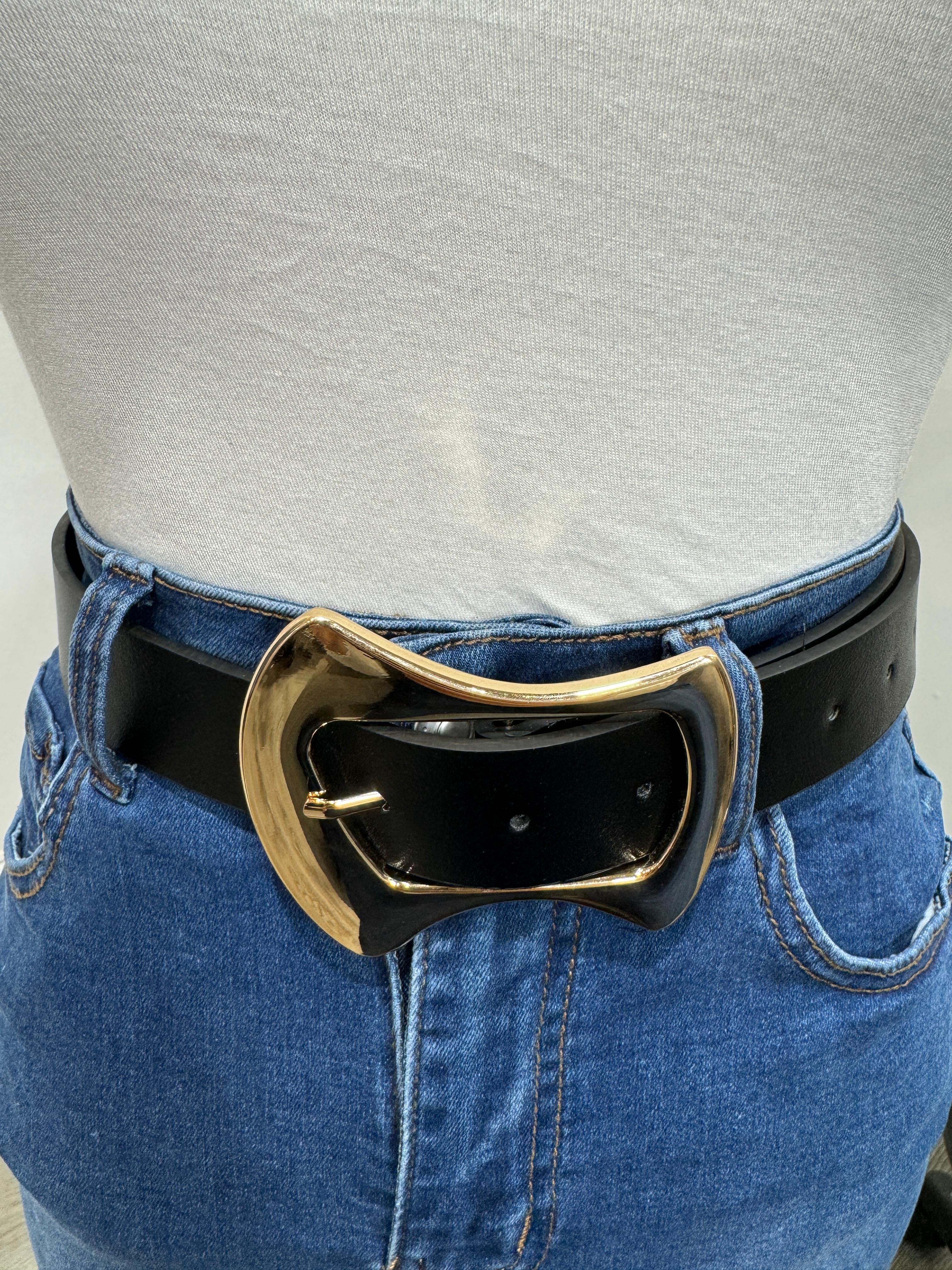 Alaina - Black Leather Belt with Gold Buckle