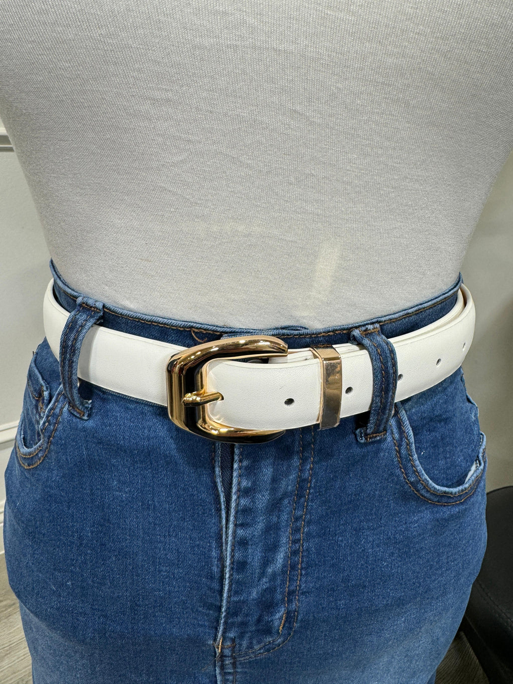 Elina - White Leather Belt with Gold Buckle