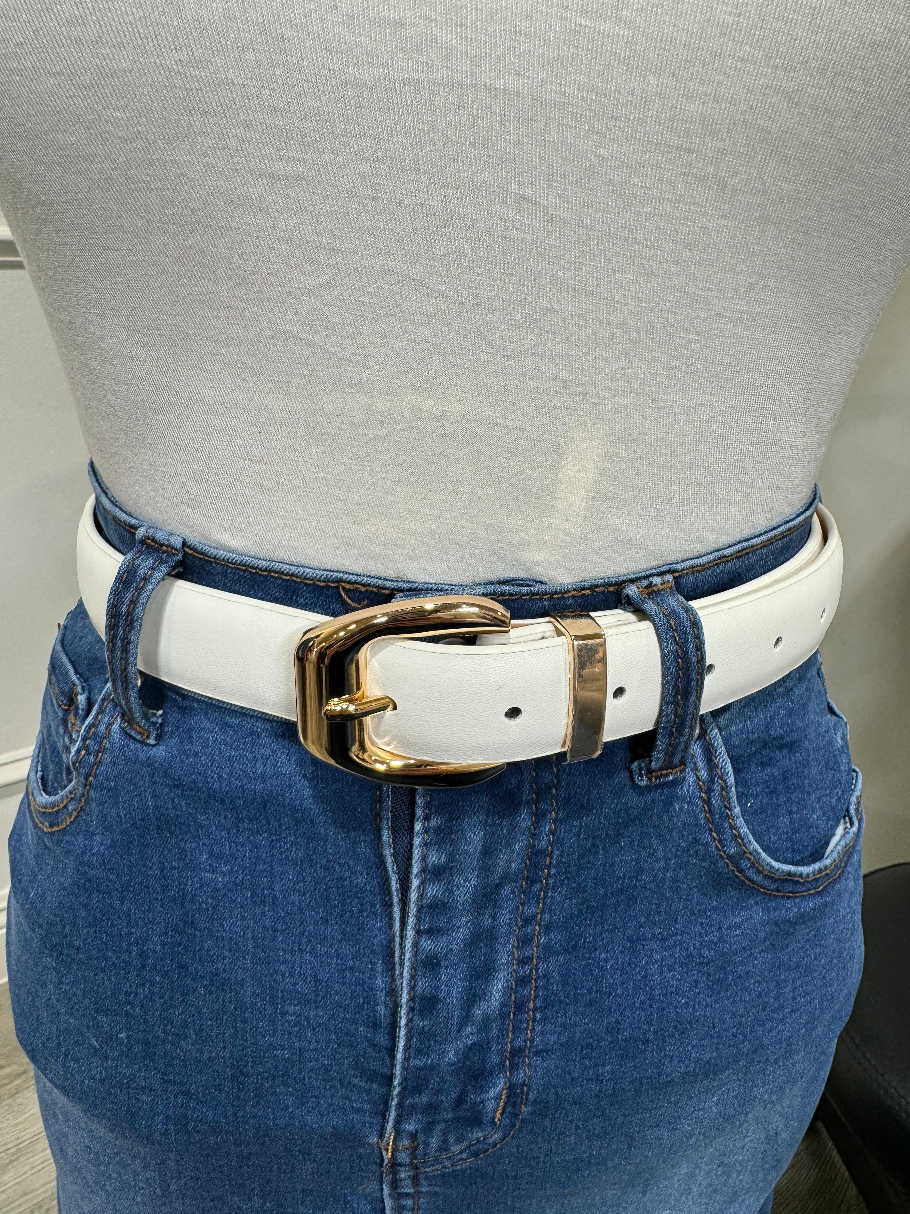 Elina - White Leather Belt with Gold Buckle