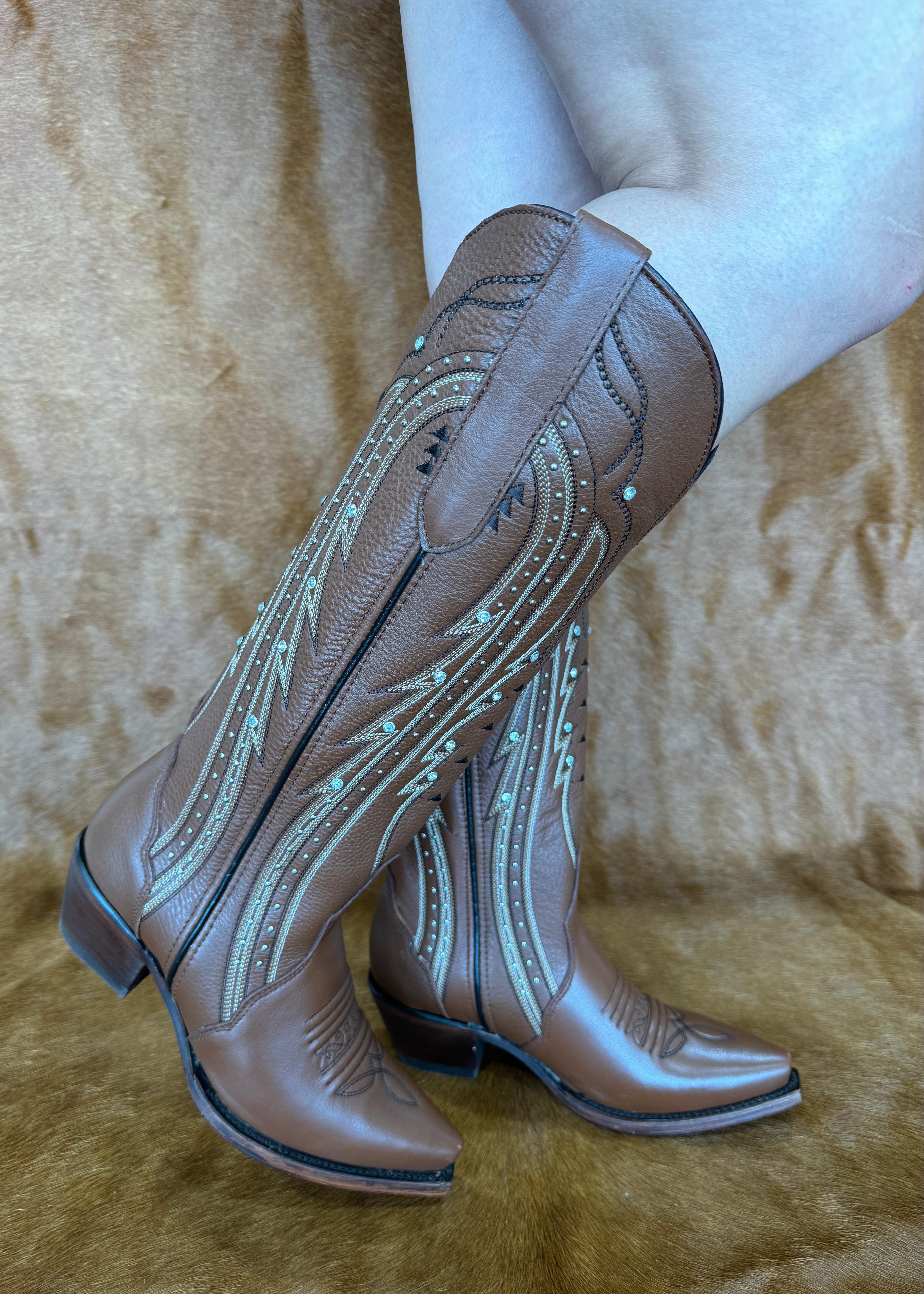 Priscilla - Brown Embroidered Leather Western Boots