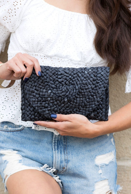 Kiara Fold Over Straw Clutch Bag